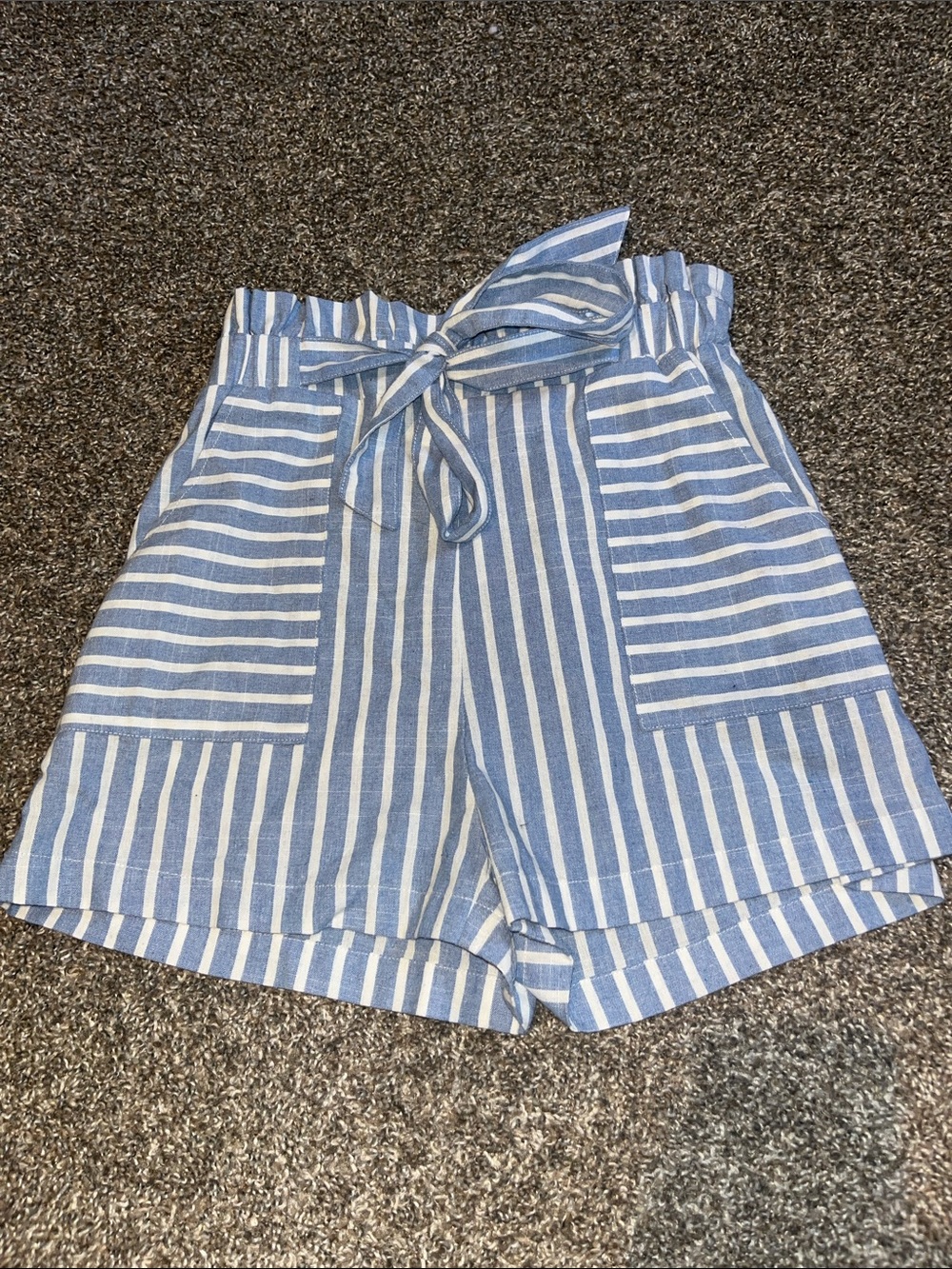 entro Blue and White Striped Paperbag Waist Shorts